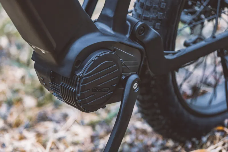 Detail view of an electric bike pedal and motor on a forest trail