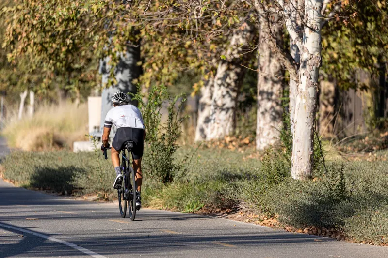Back view of a cyclist riding a bike on a park trail during a sunny autumn day